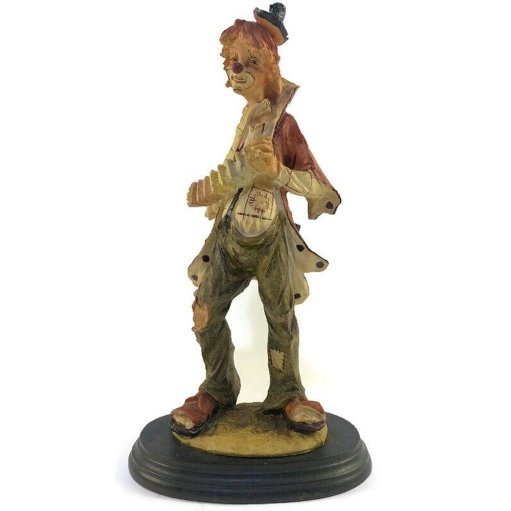 Pucci Arnart Hobo Clown Figurine With Accordion On Wood Stand 12"